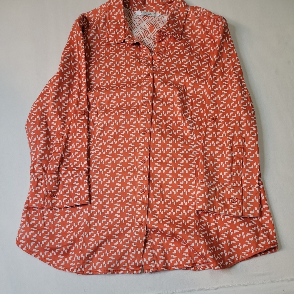 COMO Button Up Women's Size XL Orange White Roll Tab Sleeve Collared 2124
